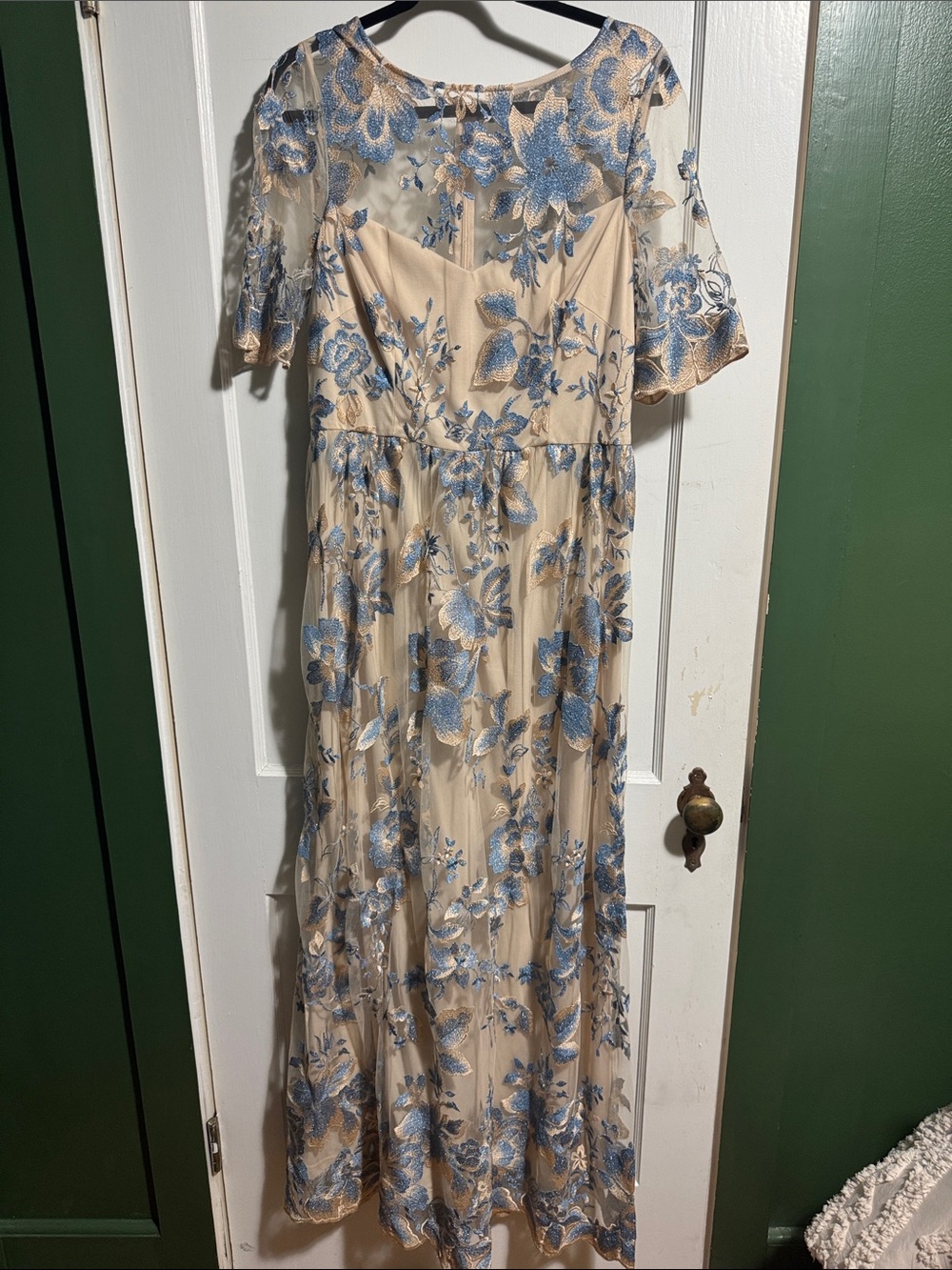 Adrianna Papell Cream Maxi Dress with Blue Floral Embroidery